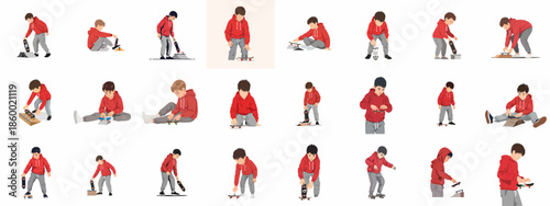 Vector illustration set showcasing boys enjoying and adjusting miniature finger skateboards and tech decks, practicing tricks on small ramps.