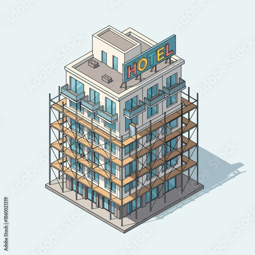 Isometric Hotel Building Under Construction.