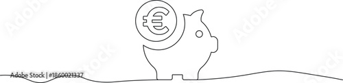 A simple line drawing of a piggy bank with a euro coin on top, symbolizing saving and financial planning.
