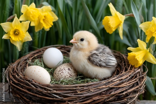 Newborn chick sitting on nest with eggs and daffodils