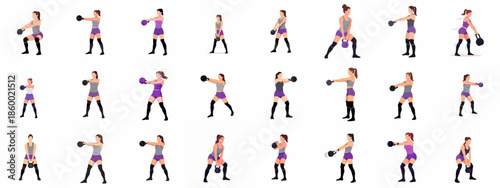 Collection of female athletes performing various kettlebell exercises including swings and squats, demonstrating different fitness poses in a comprehensive workout vector set.