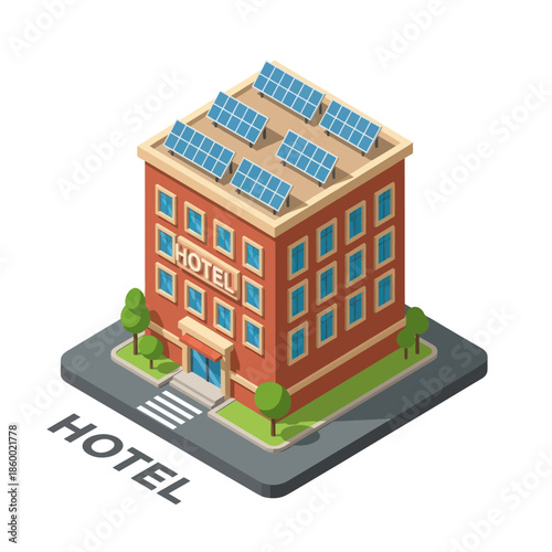 3D Isometric Hotel Building with Solar Panels.