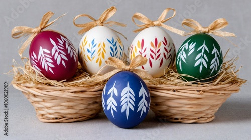 Colorful Easter eggs with decorative bows and straw in wicker baskets