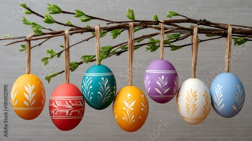Colorful Easter eggs hanging on a spring branch