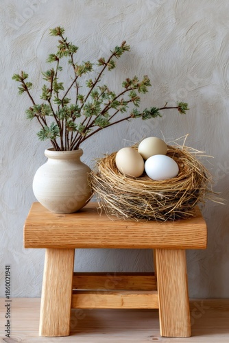 Natural nest with farm fresh eggs for Easter