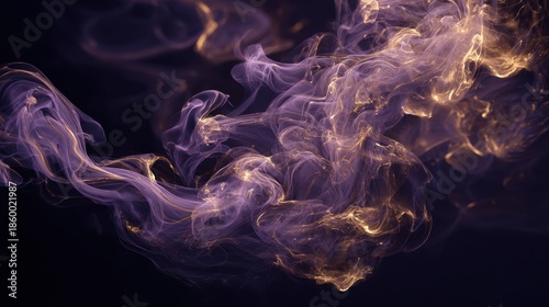 Ethereal Purple and Gold Smoke Swirls on Dark Background Abstract Flowing Texture and Light Trails.