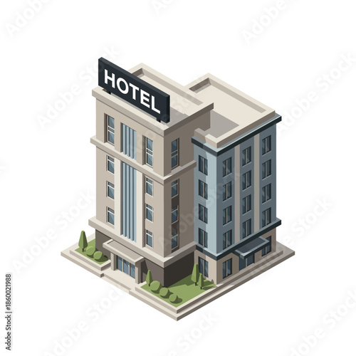 Isometric Hotel Building with Signage.