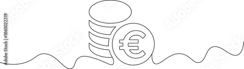 A simple line drawing of a stack of coins with a Euro symbol on one coin.