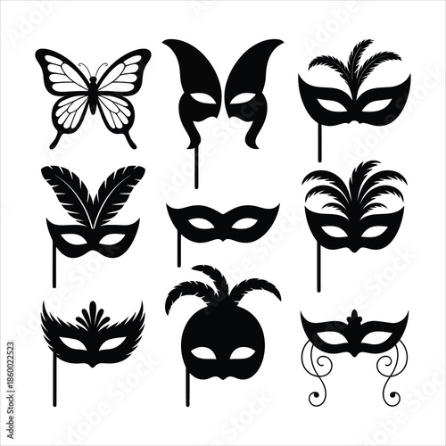 A collection of black silhouette masquerade masks including a butterfly shape and feathered designs on white