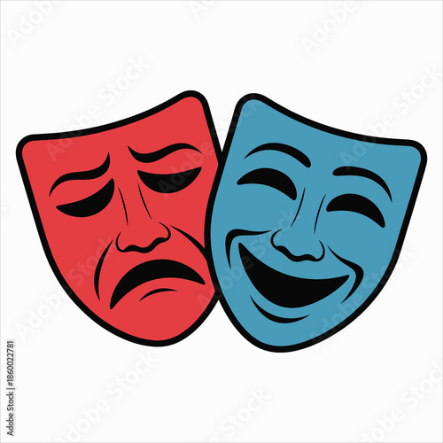 Classic theatrical masks representing comedy and tragedy with happy and sad expressions in red and blue colors