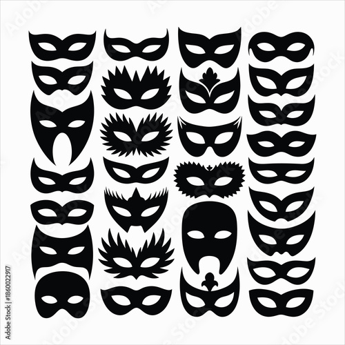 Collection of diverse black silhouette masquerade masks displaying various shapes and styles in a grid layout