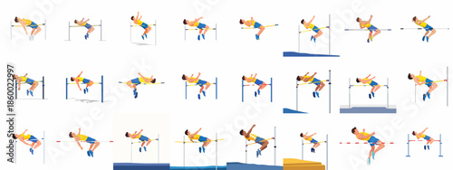 High Jump Athletes Vector Set: Collection of Illustrations Depicting Male Jumpers Using the Fosbury Flop Technique Over a Bar in Track and Field Athletics.