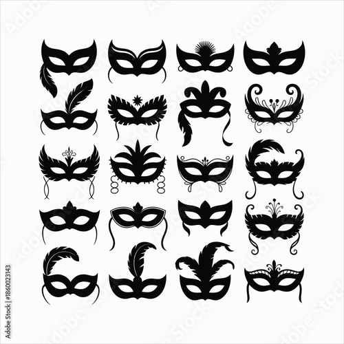 Large collection of diverse black silhouettes featuring various ornate masquerade and carnival masks