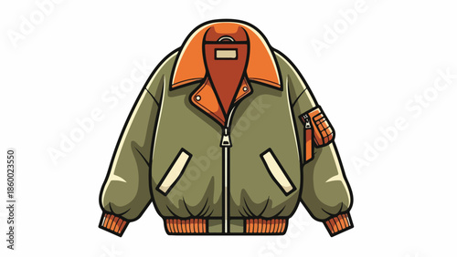Illustration of a green and orange bomber jacket with a cartoon style, featuring a zipper and pockets on a white background.