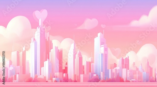 Dreamy cartoon city skyline rendered in soft pink and purple tones with tall buildings and whimsical floating hearts