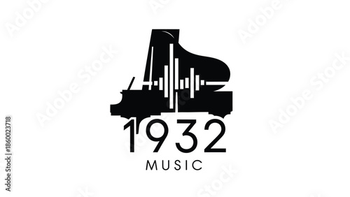 Elegant black piano logo with soundwave design and the year 1932 for music.