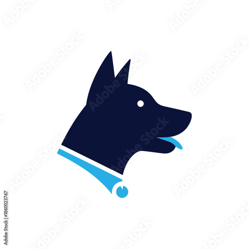 Elegant dog head silhouette with a blue collar and tongue sticking out.