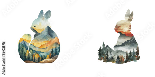 silhouette pika with forest scene inside watercolor vector illustration