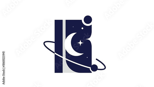 Elegant cosmic letter R logo design with moon and stars, space theme.