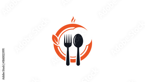Elegant food logo featuring a fork and spoon inside a circle with leaves.