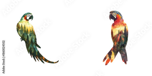 silhouette parrot with forest scene inside watercolor vector illustration
