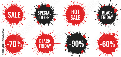 Red and black ink splash sale tag vector set with special offer black friday discount labels and paint blotches isolated on white.