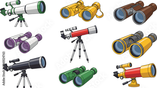 Professional vector collection of astronomical telescopes on tripods and colorful binoculars for stargazing birdwatching and outdoor exploration isolated on white