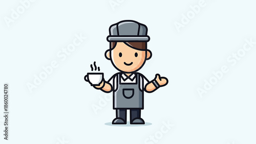 Cartoon barista holding a cup of coffee, offering a warm beverage with a smile.