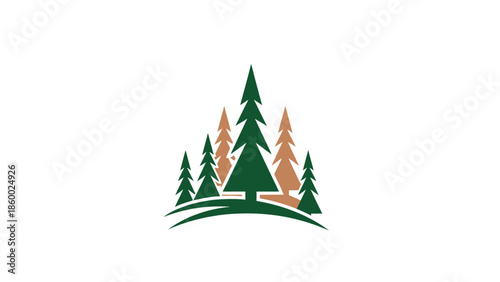 Forest landscape illustration featuring evergreen trees on a green hill, nature scene.