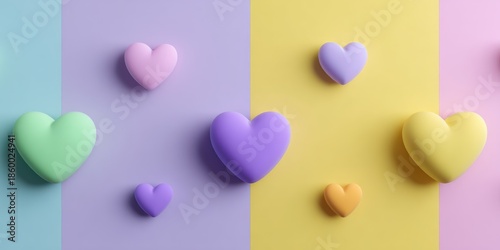 Multiple pastel 3D hearts in various sizes scattered across a divided colorful purple and yellow background surface