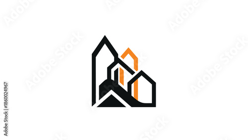 Geometric abstract logo design featuring stylized buildings in various colors and shapes.