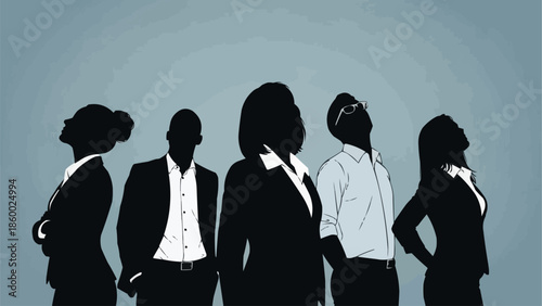 Diverse group of business professionals looking upwards in silhouette.