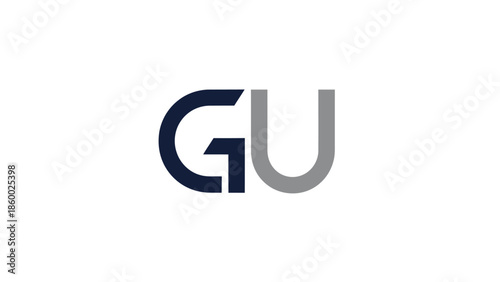 GU logo design with dark blue and gray colors on white background.