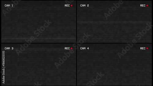 CTV Security Camera Split Screen Monitor Overlay With Timecode and Record Light Black Background. 4K