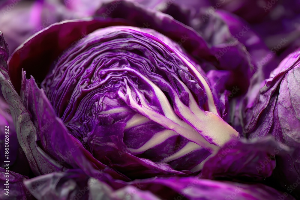 Obraz premium Bright red cabbage captures attention with its vibrant color and intricate texture while showcasing natural beauty in a close-up view