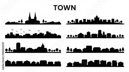 Set of modern town skylines with various buildings and trees