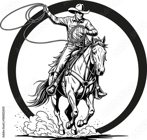 Cowboy riding horse with lasso, dynamic Western illustration, black and white vector design for ranch culture, rodeo action, vintage style