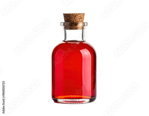 A small, clear glass bottle filled with a vibrant red liquid, sealed with a cork stopper (1)