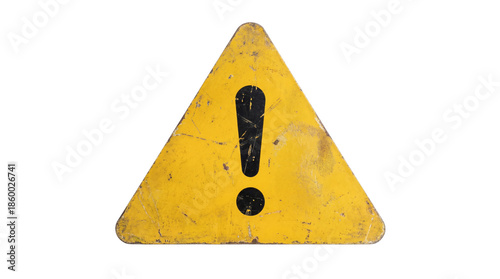 Grungy weathered yellow warning sign featuring a prominent black exclamation mark on transparent background