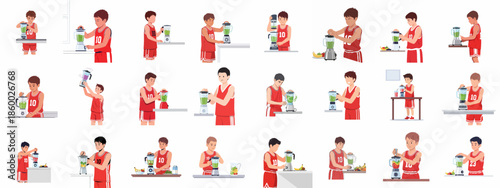 Young athlete in a basketball jersey prepares healthy smoothies and shakes using a blender, illustrating steps for sports nutrition, fitness, and active lifestyle.