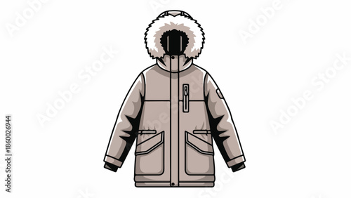 Detailed illustration of a beige winter coat with fur-lined hood and zipper closure on a white background.