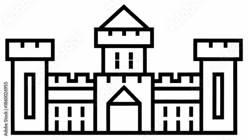 Medieval castle with towers and battlements in black outline