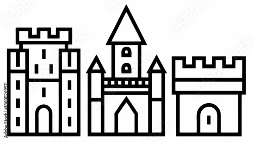 Three medieval castles with towers and battlements in black outline