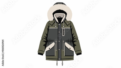 Detailed illustration of a green winter jacket with a fur-lined hood and white accents on a clean white background.