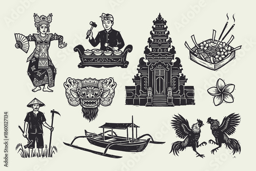 Traditional Balinese Culture Icons Vector Set; Vintage Style Illustrations of Bali