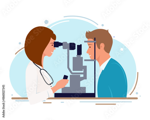 Laser vision correction. Female ophthalmologist performs eye surgery. Flat style.