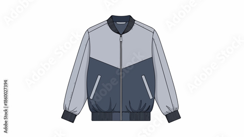 A gray and dark blue bomber jacket with a zipper and two pockets on a white background.