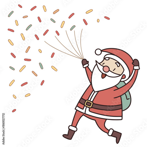 a joyful santa claus is depicted launching a celebratory burst of colorful confetti into the air with glee