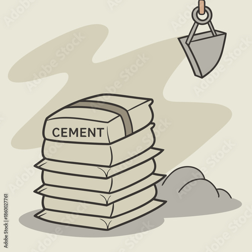 A simple illustration depicts stacked cement bags with a hanging bucket and scattered debris showcasing construction materials and potential hazard