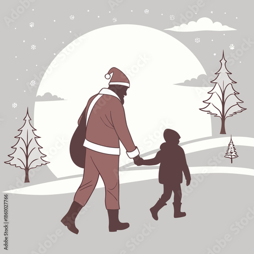 a heartwarming winter scene depicts santa claus walking with a child against a snowy backdrop and large moon